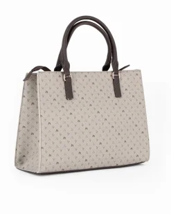 CORTINA POLO STYLE - Borsa due manici taupe loggata con tasca frontale, tracolla removibile