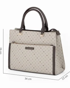 CORTINA POLO STYLE - Borsa due manici taupe loggata con tasca frontale, tracolla removibile