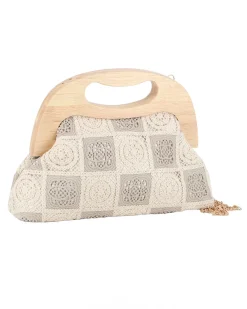 DIVAS - Borsa a mano ricamata taupe e panna con manico in legno