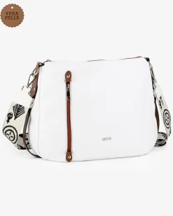 DIVAS - Borsa bianca in VERA PELLE con tasca frontale e tracolla nastro - MADE IN ITALY