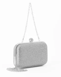 DIVAS - Clutch argento con strass, pomello  strass e tracolla removibile