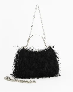DIVAS - Clutch nera con piume e manici in strass, tracolla removibile