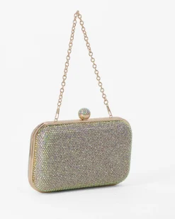 DIVAS - Clutch oro con strass multicolor, pomello strass e tracolla removibile