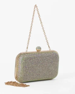 DIVAS - Clutch oro con strass multicolor, pomello  strass e tracolla removibile