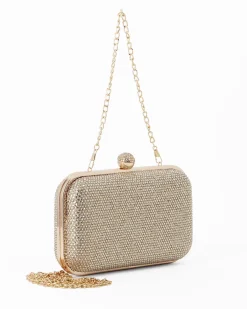 DIVAS - Clutch oro con strass, pomello strass e tracolla removibile