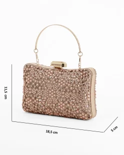 DIVAS - Clutch trasparente con strass champagne, tracolla e manico removibili