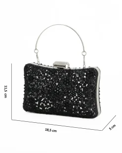 DIVAS - Clutch trasparente con strass neri, tracolla e manico removibili