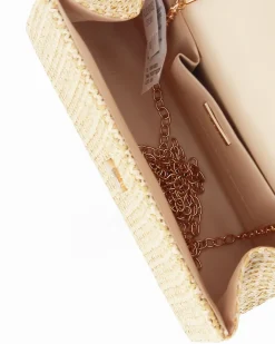DIVAS - Pochette crema con trama ad intreccio e manico in bamboo, tracolla removibile