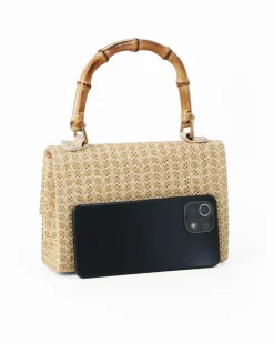 DIVAS - Pochette crema con trama ad intreccio e manico in bamboo, tracolla removibile