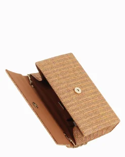 DIVAS - Pochette in paglia color bronzo con patta e manico con perle