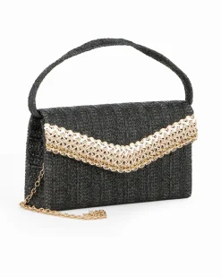 DIVAS - Pochette nera in paglia con patta, manico e catenina removibili