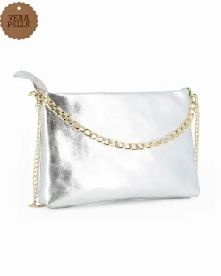 DIVAS - TRACOLLA ARGENTO IN VERA PELLE CON DETTAGLIO CATENA, MADE IN ITALY