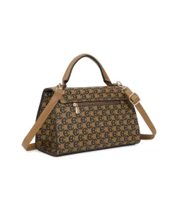 ENRICO COVERI - Borsa a mano taupe loggata con patta e tasca posteriore, tracolla removibile