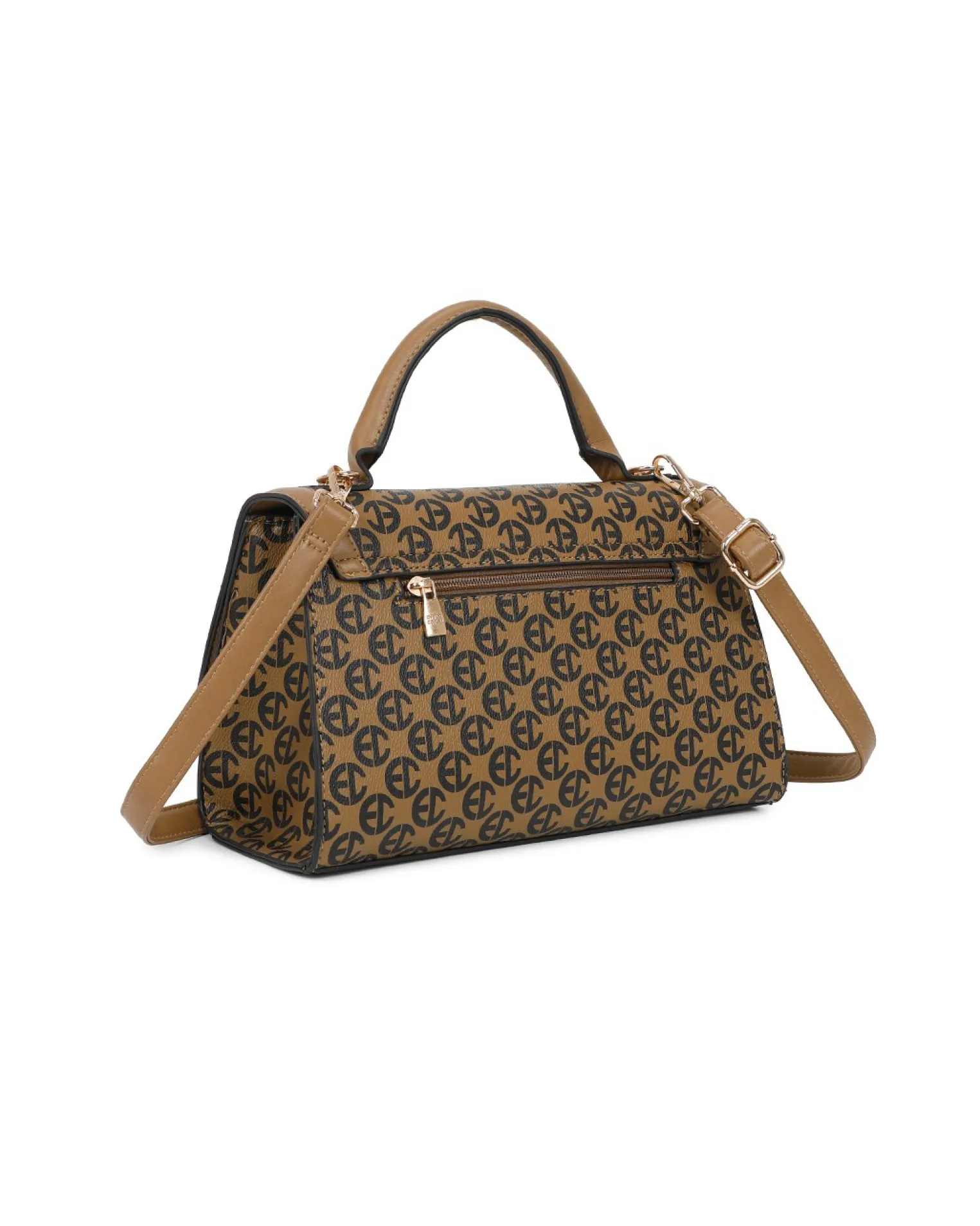 ENRICO COVERI - Borsa a mano taupe loggata con patta e tasca posteriore, tracolla removibile