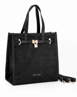 ENRICO COVERI - Borsa due manici nera scamosciata con tasca posteriore, tracolla removibile