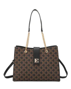 ENRICO COVERI - Borsa shopping nera loggata con pattina e tasca posteriore, tracolla removibile