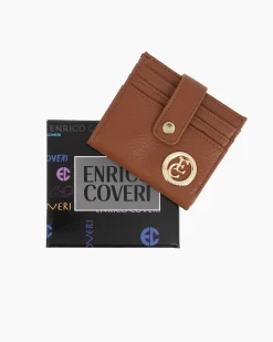 ENRICO COVERI - Portacarte marrone da donna con pattina e logo