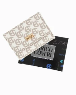 ENRICO COVERI - Portafoglio bianco loggato da donna con patta e tasca posteriore
