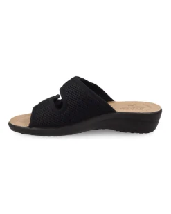 FLY FLOT - Ciabatta nera da donna in rete elastica con sottopiede in VERA PELLE e doppio strappo, MADE IN ITALY
