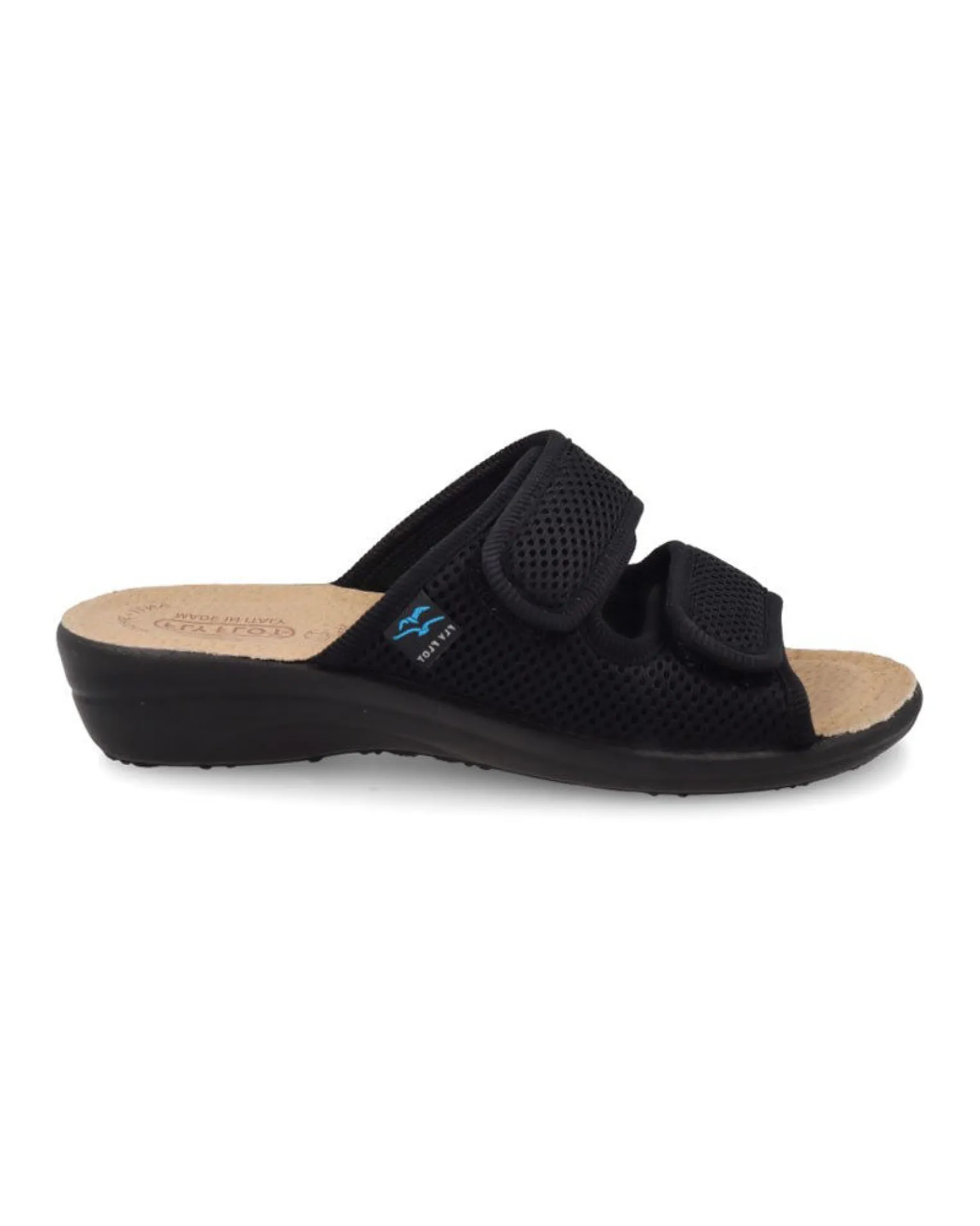 FLY FLOT - Ciabatta nera da donna in rete elastica con sottopiede in VERA PELLE e doppio strappo, MADE IN ITALY