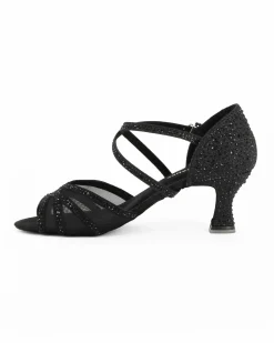 GLOBODANCE - Scarpa da ballo nera glitterata con sottopiede in memory foam e strass, tacco 6CM