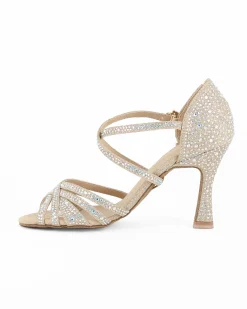GLOBODANCE - Scarpa da ballo platino in lurex con sottopiede in memory foam e strass, tacco 8,5CM