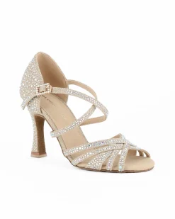 GLOBODANCE - Scarpa da ballo platino in lurex con sottopiede in memory foam e strass, tacco 8,5CM