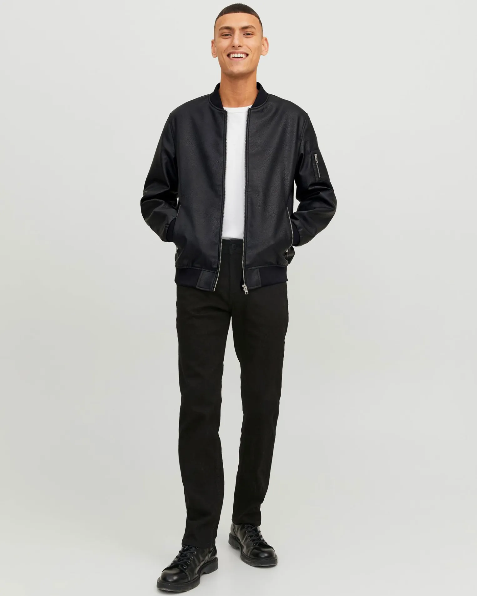 JACK&JONES - GIUBBINO BOMBER IN SIMILPELLE DA UOMO CON VITA ELASTICIZZATA