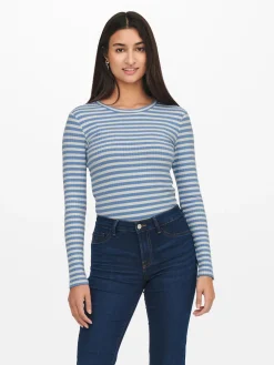 JACQUELINE de YONG - T-SHIRT MANICA LUNGA A RIGHE AZZURRE E BIANCHE