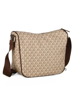 JUST GOLF - Tracolla mezzaluna taupe con logo metallico frontale e pennacchio a frange multicolor