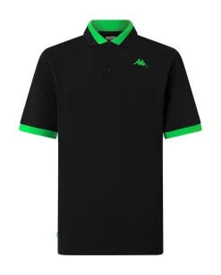 KAPPA - POLO MEZZA MANICA UOMO LOGO NEON NERA CON DETTAGLI VERDE FLUO , 341N22W-A19