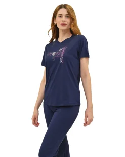 KEY UP - T-SHIRT MEZZA MANICA DONNA BLU CON STAMPA FRONTALE - 5S896/1265