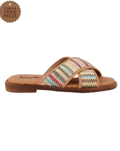LA MOVIDA - Ciabatta con fasce incrociate in paglia multicolor e sottopiede in VERA PELLE, MADE IN ITALY