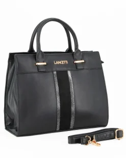 LANCETTI - Borsa a due manici nera con dettaglio frontale scamosciato,tracolla removibile