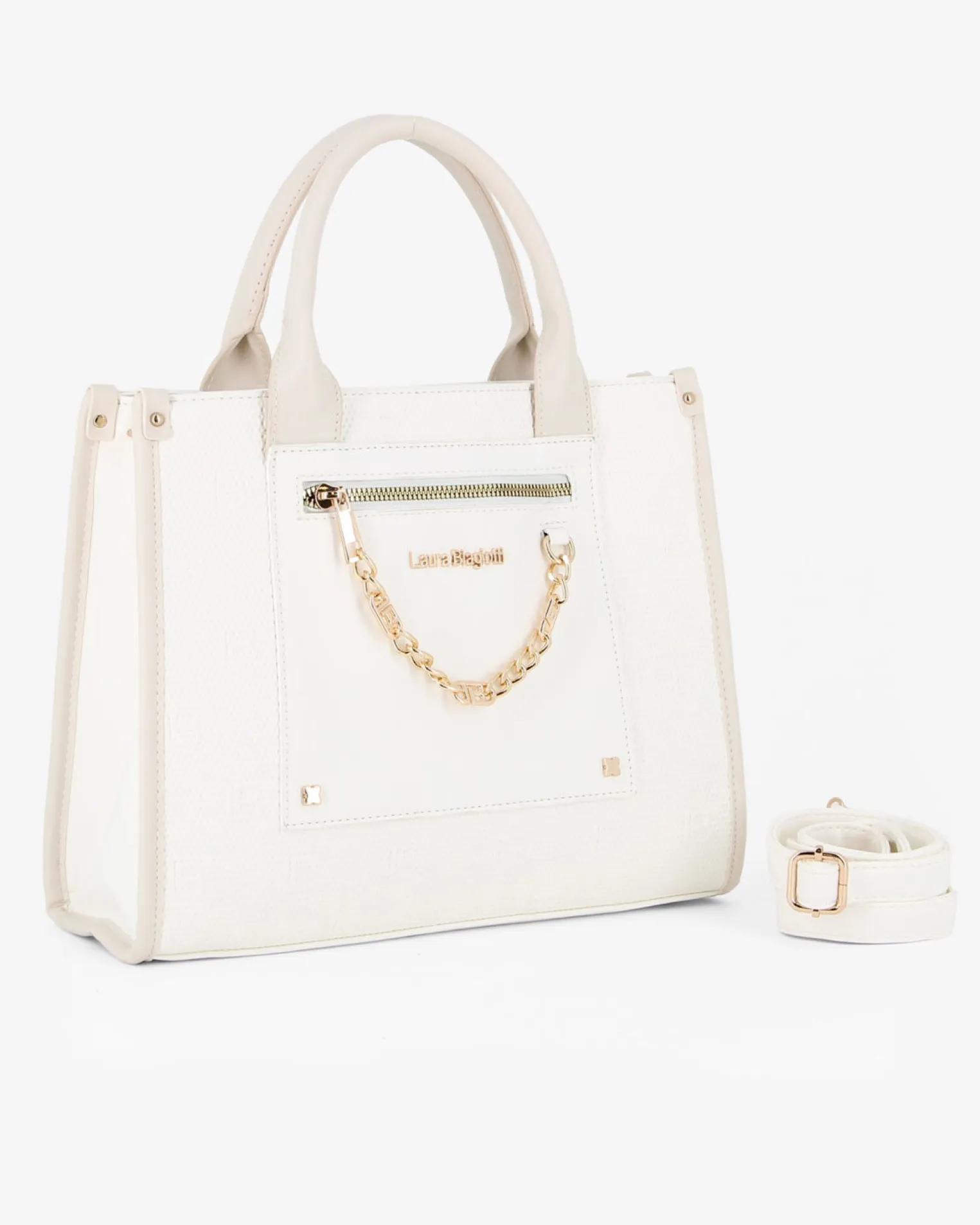 LAURA BIAGIOTTI - Borsa a mano bianca con dettaglio catenina sulla tasca frontale, tracolla removibile