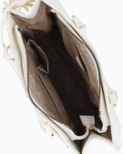 LAURA BIAGIOTTI - Borsa due manici bianca con borchie, pennacchi con frange e cinturino con lucchetto, tracolla removibile