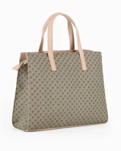 LAURA BIAGIOTTI - Borsa due manici beige loggata con dettaglio cinturino frontale con girello, tracolla removibile