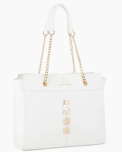 LAURA BIAGIOTTI - Borsa shopping bianca con applicazione frontale loghi