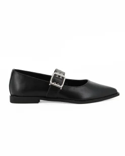 MISS GLOBO - Ballerina nera a punta con sottopiede in memory foam e cinturino frontale con fibbia