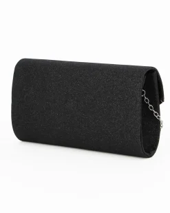 MISS GLOBO -Bustina shiny glitter nera con patta a punta obliqua e inserto in metallo