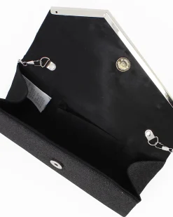MISS GLOBO -Bustina shiny glitter nera con patta a punta obliqua e inserto in metallo