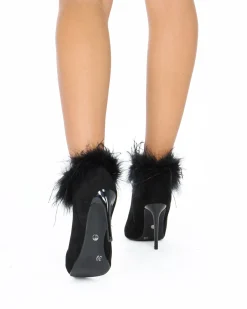 MISS GLOBO COUTURE - Tronchetto nero scamosciato a punta con piume e zip laterale, tacco 10CM
