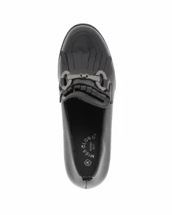 MISS GLOBO - Mocassino nero effetto vernice con morsetto e frange, sottopiede in memory soft