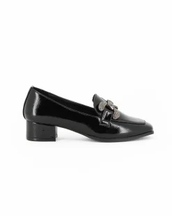 MISS GLOBO - Mocassino nero effetto vernice con sottopiede in memory soft e morsetto con strass, tacco 3,5CM