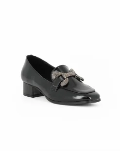 MISS GLOBO - Mocassino nero effetto vernice con sottopiede in memory soft e morsetto con strass, tacco 3,5CM