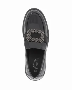 MISS GLOBO - Mocassino nero naplak con sottopiede memory soft e fascia elastica frontale con inserto metallico