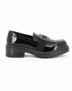 MISS GLOBO - Mocassino nero naplak con sottopiede memory soft e fascia elastica frontale con inserto metallico