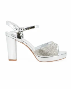 MISS GLOBO - Sandalo argento con fascia frontale in strass, tacco 9CM