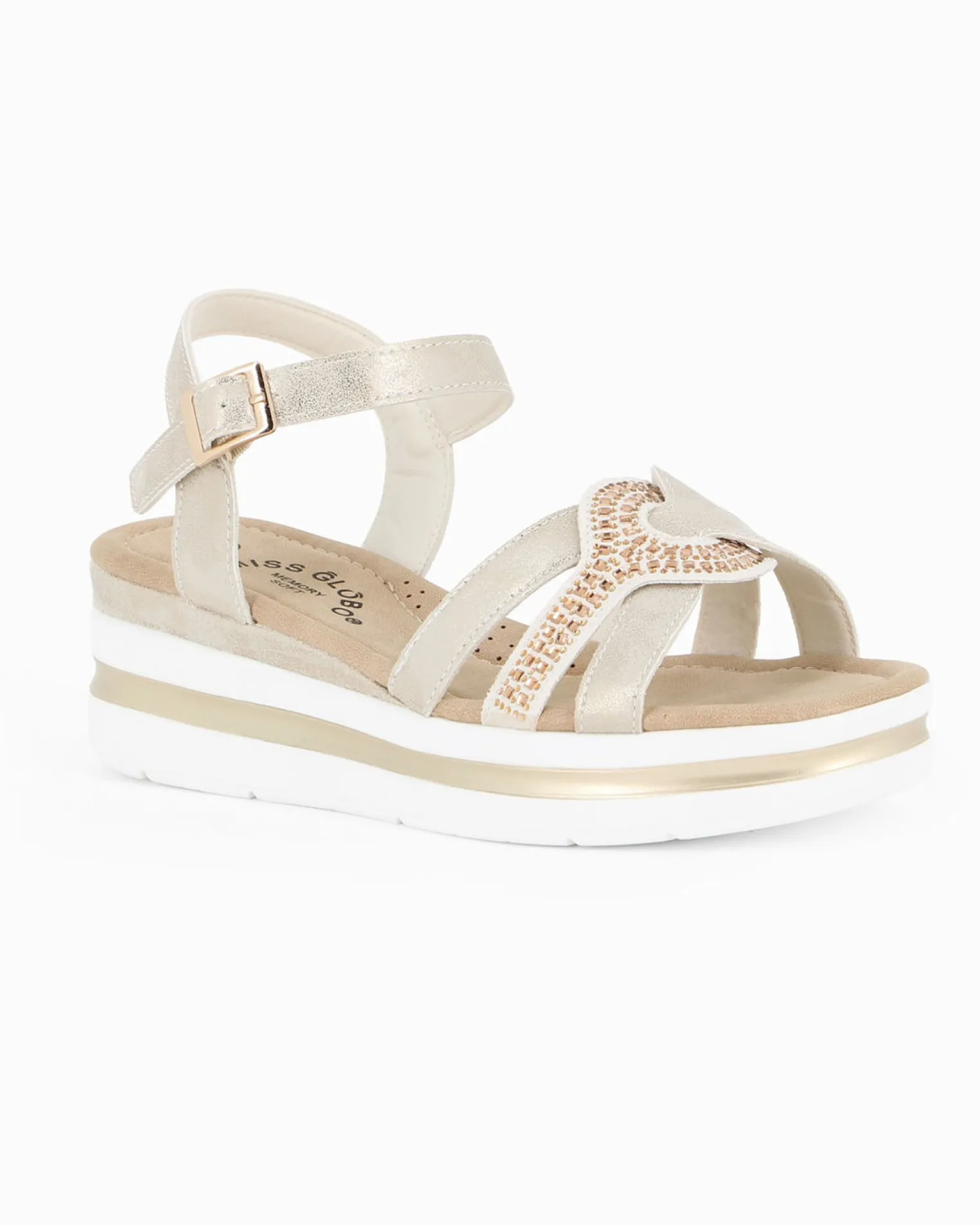 MISS GLOBO - Sandalo beige platform con sottopiede memory soft e dettaglio strass, zeppa 5CM