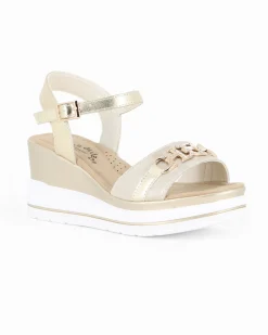 MISS GLOBO - Sandalo platform beige/platino con sottopiede in memory soft e morsetto con strass, zeppa 7CM
